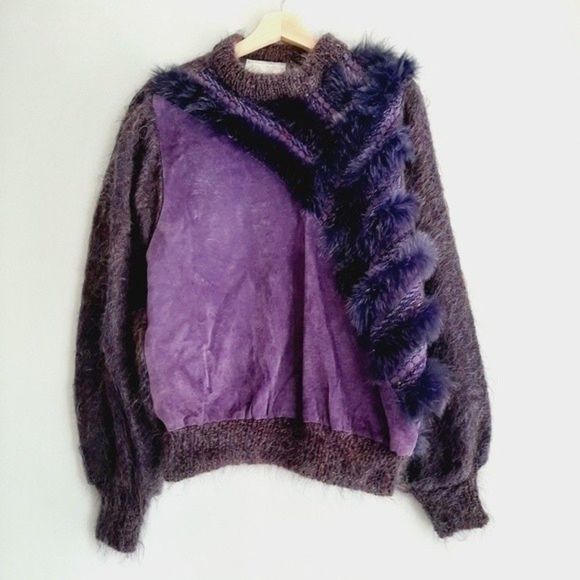 VINTAGE Purple Mohair Wool Suede & Fox Fur Sweater Sz M - Picture 2 of 12